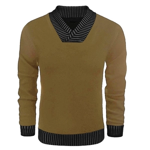 Detail of V-neck collar with black and grey striped knit trim on men's sweater