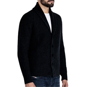 Men's ribbed knit shawl collar cardigan sweater with button closure in a slim fit style