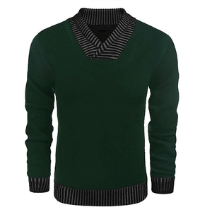 Close-up of dark green men's knit sweater with striped shawl collar and ribbed cuffs