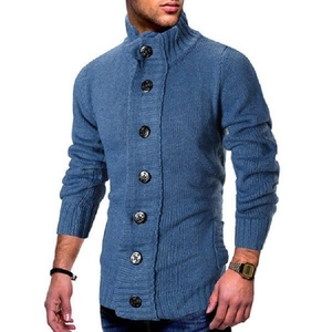 Men's denim blue chunky knit cardigan with high collar and dark button closure