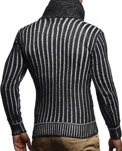 Back view of slim fit men's knit sweater featuring black and white vertical stripes