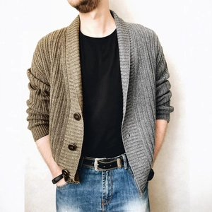 Men's two-tone knit cardigan with shawl collar and textured color-block design