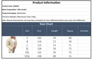 Detailed size chart for men's cable knit cardigan sweater with measurements from S to 3XL