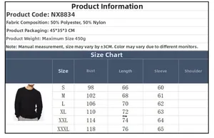 Detailed size chart for men's long sleeve sweater with weight and fabric specifications