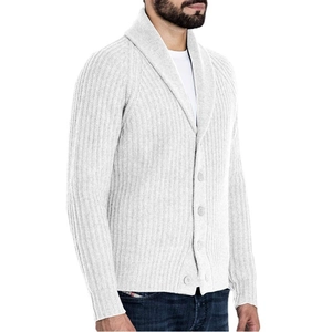 Men's light grey shawl collar knit cardigan sweater with ribbed cuffs and four buttons