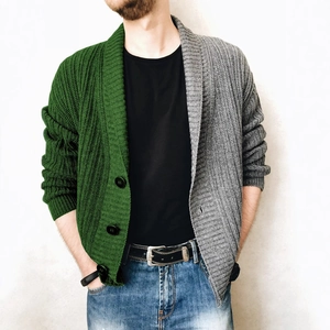 Men's forest green and dark grey two-tone knit cardigan with large black buttons