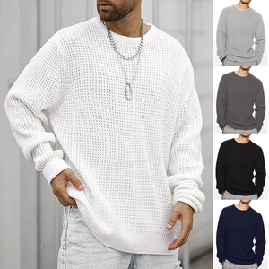 Waffle Knit Sweater Polyester Nylon Round Neck Long Sleeve Pullover For Casual Daily Streetwear Loose Fit Fashion Men Tops