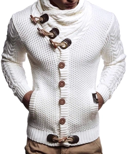 Detail of men's chunky knit cardigan featuring wooden toggle buttons and cable knit sleeves