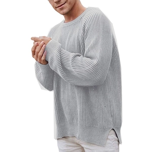 Men's grey crewneck sweater in thick ribbed knit with casual side slit design