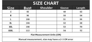 Size chart for men's long sleeve sweater showing bust and length from S to XXXL