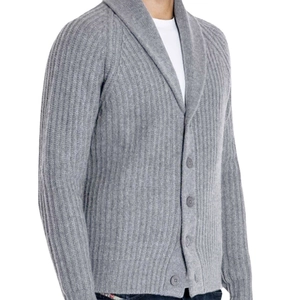 Men's casual grey shawl collar knitted cardigan sweater with classic button-up closure