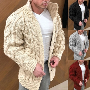 Men Cable Knit Cardigan 100% Acrylic Heavyweight Button Up Stand Collar Long Sleeve Thick Sweater Coat Casual Streetwear For Winter Autumn Warm Outerwear