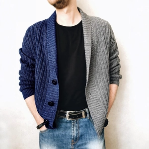 Men's two-tone shawl collar knit cardigan sweater in navy blue and light grey blocks
