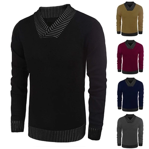 Men's V-Neck Knitted Sweater Acrylic Polyester Blend Striped Ribbed Trim Shawl Collar Pullover Business Casual Slim Fit