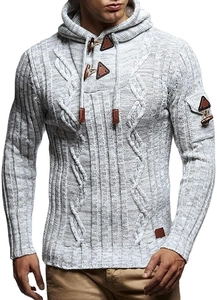 Men's slim fit light grey hooded cable knit sweater with horn buttons and sleeve pocket