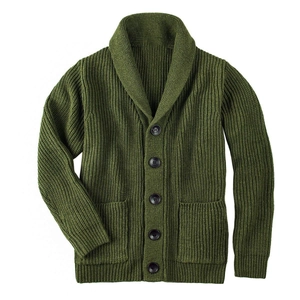 Detailed view of army green knit cardigan with shawl collar and textured rib patterns