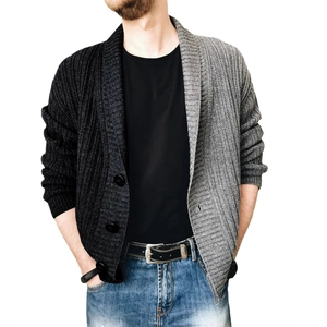 Men's two-tone knit cardigan featuring black and grey contrast panels with large buttons