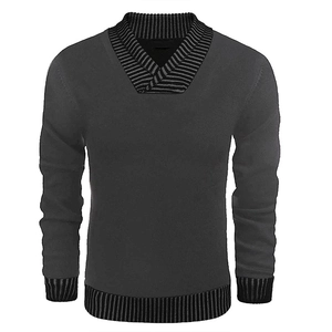 Men's V-neck shawl collar charcoal knit sweater with striped cuffs and hem