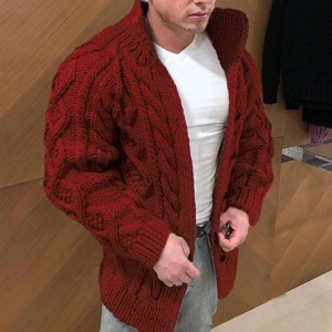 Men's red chunky cable knit cardigan with stand collar and button-down front design