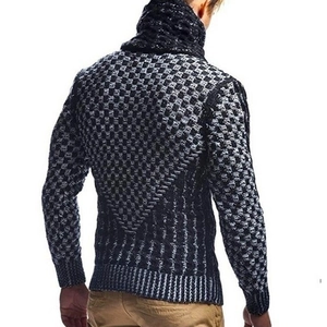 Detail of men's turtleneck sweater with checkered knit pattern and V-shaped back design