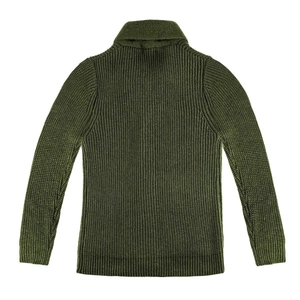 Detail of olive green shawl collar and ribbed knit texture on men's winter cardigan