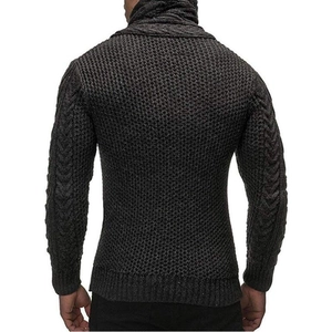 Close-up of dark grey men cardigan showing detailed cable knit and honeycomb texture