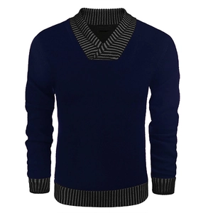 Men's slim fit V-neck knit sweater in navy blue with striped cuffs and hem detailing