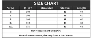 Detailed size chart for women's V-neck knit cardigan with CM measurements from S to XXL