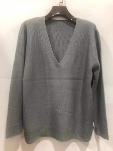 Detail shot of the V-neckline and textured knit fabric on a slim fit grey sweater