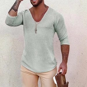 Slim fit men's long sleeve V-neck knit sweater in light bean green breathable fabric