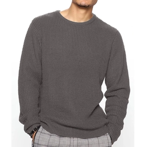 Men's dark grey crewneck waffle knit sweater with long sleeves and ribbed cuffs