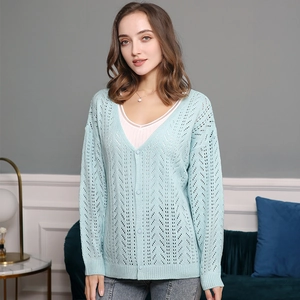 Detail shot of the V-neck hollow out knit cardigan with delicate wave crochet patterns
