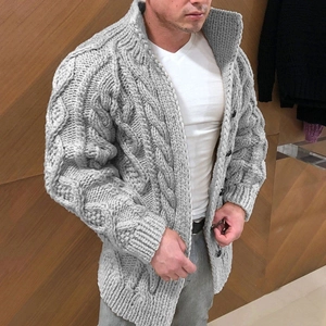 Men's light grey cable-knit cardigan sweater with stand collar and button-up front design