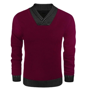 Burgundy V-neck men's knit sweater with striped cuffs and hem in slim fit style