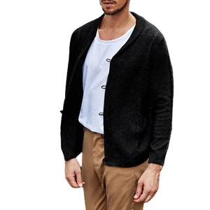 Men's black cable-knit cardigan featuring unique leather buckle closures and lapel collar