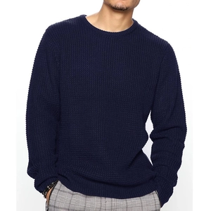 Close-up detail of navy blue waffle knit texture and ribbed neckline of the men sweater
