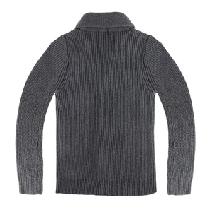Rear view of dark grey shawl collar knit cardigan with vertical rib-knit texture