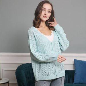 Close-up of light blue V-neck knitted cardigan showing hollow texture and single-breasted buttons