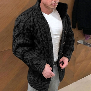 Men's black chunky cable knit cardigan sweater with stand collar and button-up front