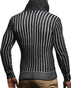 Detailed back view of men's slim fit shawl collar sweater with black and white stripes