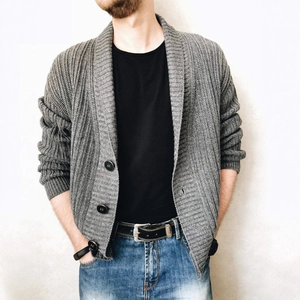 Men's grey shawl collar cardigan sweater with large black buttons and ribbed cuffs