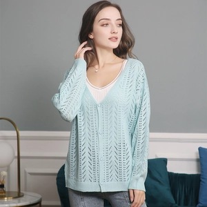 Close-up of mint blue hollow knit cardigan with V-neckline and elegant wavy textures
