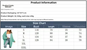 Detailed size chart for women's long sleeve knit cardigan including measurements and fabric info