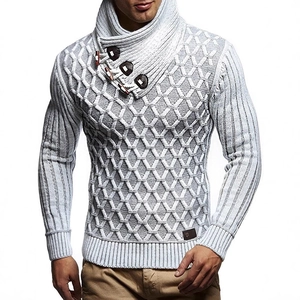Men's light grey cable knit turtleneck sweater featuring vintage leather toggle buttons