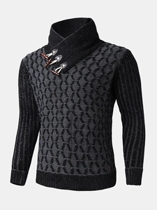 Detail of men's turtleneck knit sweater featuring honeycombed texture and wood buttons