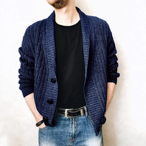 Men's dark blue knit cardigan with large lapels and black buttons for casual autumn style