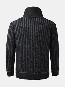 Rear view of heavy knit sweater for men with textured vertical stripes and shawl collar