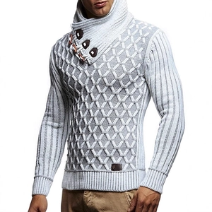 Men's slim fit turtleneck sweater with leather buckle buttons and diamond knit pattern