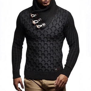 Men's black knit sweater featuring a unique high neck with leather toggle horn buttons