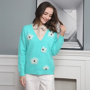 Cardigan in Maglia da Donna con Scollo a V Applique Floreale Manica Lunga Monopetto Maglione Casual Largo Giacca da Donna